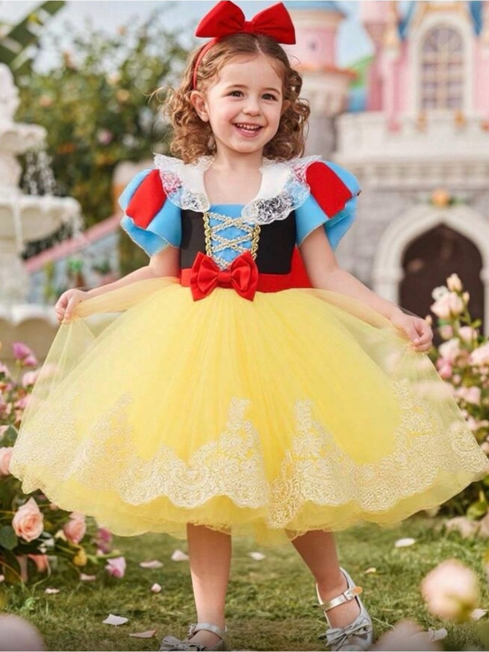 Yellow & Blue Princess Tulle Costume Dress with Red Bow - Kids Costume